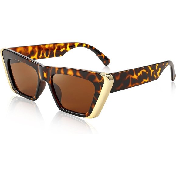 Women Brown Cat Eye Fashion Metal Square Frame Classic UV Protection Sunglasses - Picture 1 of 6